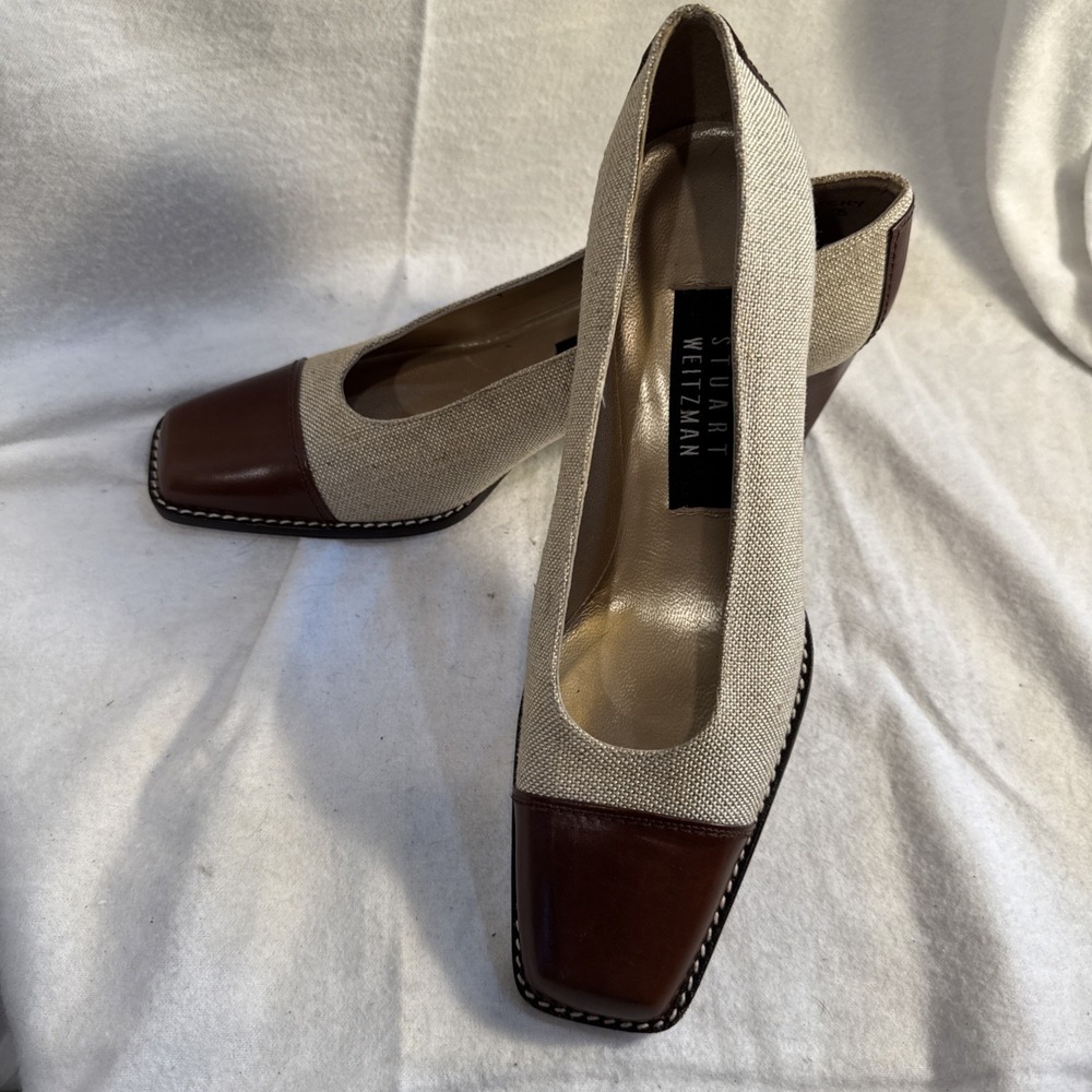 Beige Gold STUART WEITZMAN Linen Heels Pumps Shoes 6 B Square Toe Spain NEW